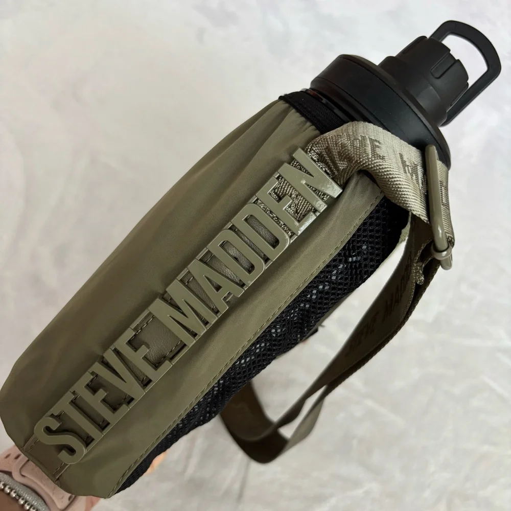STEVE MADDEN Bavia Olive Green Quilted Crossbody Bag with Attached Water Bottle